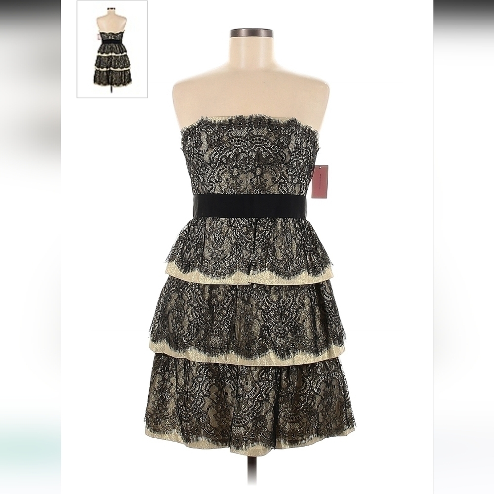 Phoebe couture ruffle lace cocktail dress size 2 black and gold NWOT